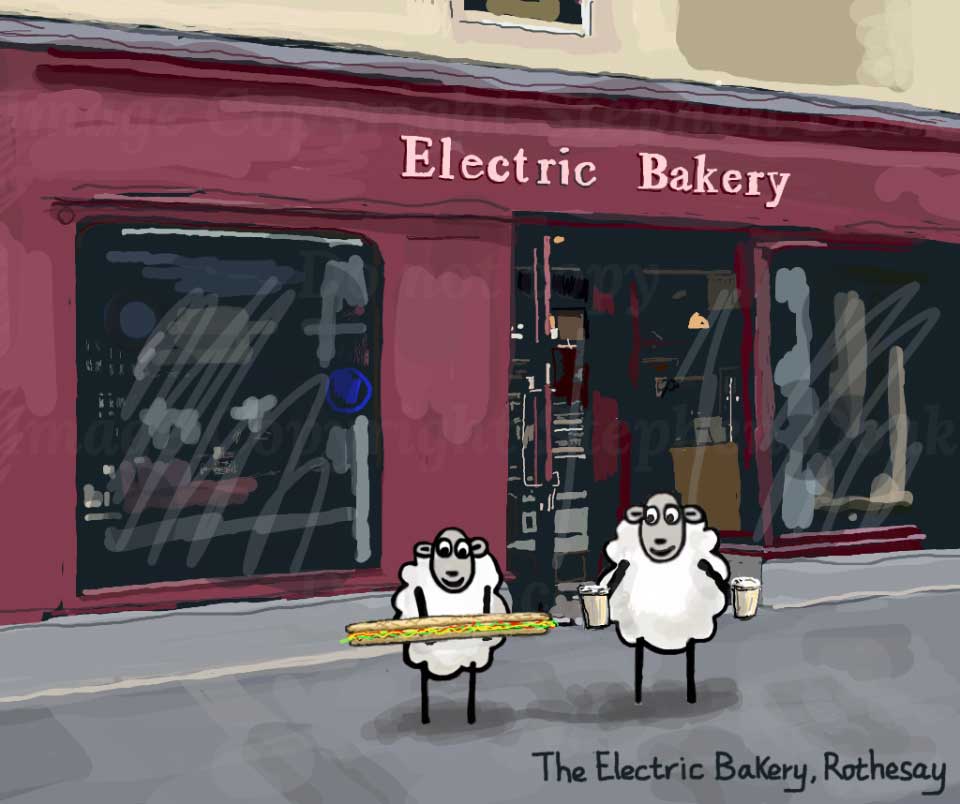 Picture of Colin the Sheep visiting Electric Bakery in Rothesay Isle of Bute