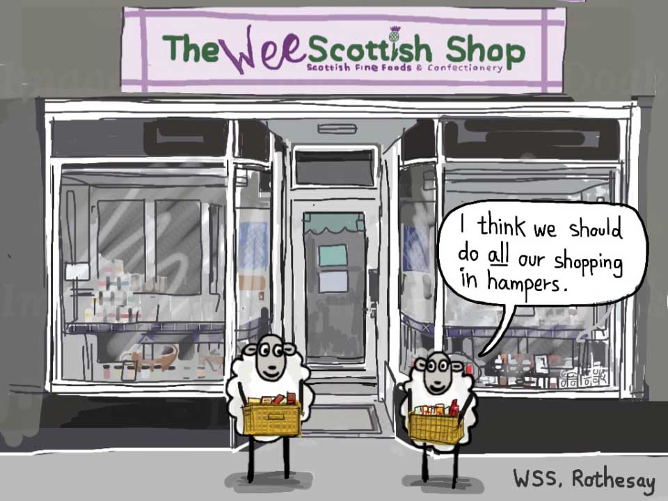 Picture of Colin the Sheep visiting The Wee Scottish Shop in Rothesay Isle of Bute