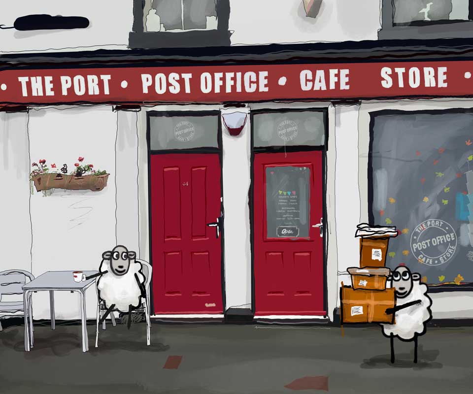 Picture of Colin the Sheep visiting The Port Post Office, Cafe and Store in Port Bannatyne Isle of Bute