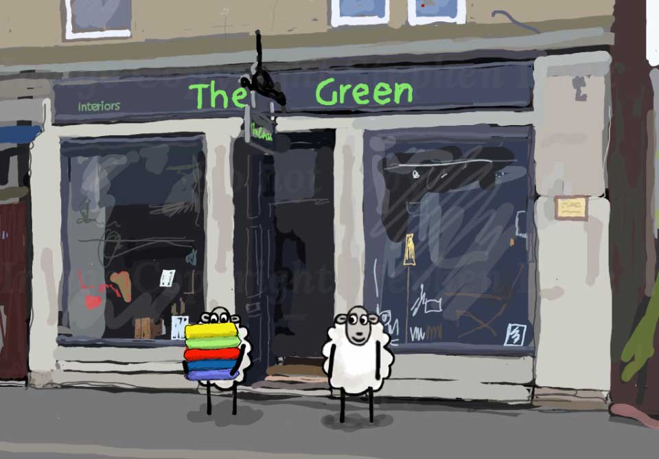 Picture of Colin the Sheep visiting The Green, Interiors in Rothesay Isle of Bute