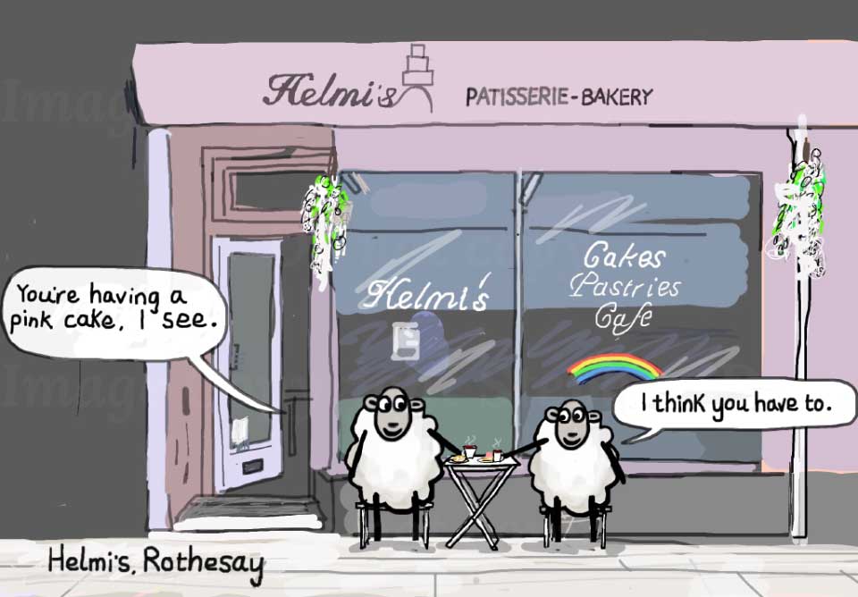 Picture of Colin the Sheep visiting Helmi's Patisserie in Rothesay Isle of Bute