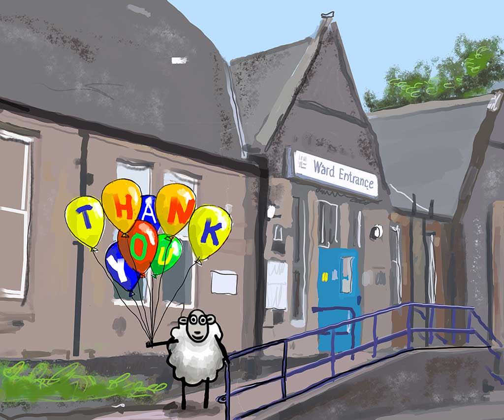 Picture of Colin the Sheep visiting Victoria Hospital in Rothesay Isle of Bute