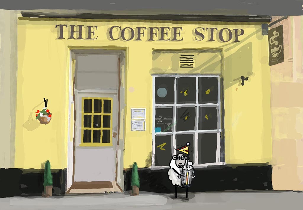 Picture of Colin the Sheep visiting The Coffee Stop in Rothesay Isle of Bute