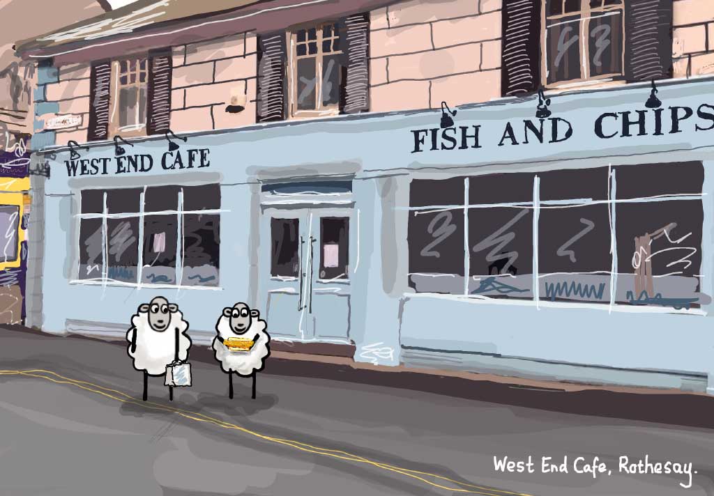 Picture of Colin the Sheep visiting West End Cafe in Rothesay Isle of Bute